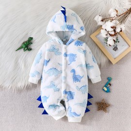 XIXIMAON Infant Baby Boy Plush Hooded Jumpsuit Dinosaur Pattern Button Front Long Sleeve Hoodie Romper Toddler Bodysuit Fall Winter Clothes (White, 12-18 Months)
