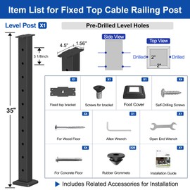 BLIKA 36" Level Drilled Cable Railing Post(Post 35"x2"x2"), Flat Top Surface Mount Deck Post, Stainless Steel Black Powder Coated Finish Cable Handrail Post for Deck Railing, BL02-LP