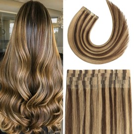 22In Tape in Brazilian Human Hair Extensions 100% Remy Human Hair Glue in Extensions Balayage Seamless Silky Straight Skin Weft Hair(22Inch #4P27 Medium Brown/Dark Blonde 7pcs 16clips 60g)
