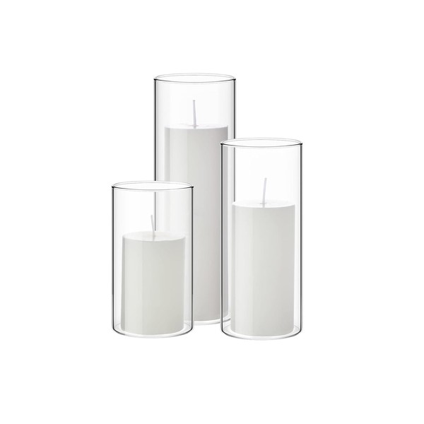 Set of 6 Pillar Candles with Clear Glass Cylinder Vases