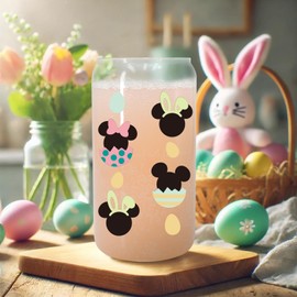 Bunny & Egg-Themed Easter Cup – Easter Basket Stuffers, Cute Spring Gifts for Women & Teens, 16 oz Beer Can Glass with Lid and Straw Iced Coffee Cup, Fun Holiday Drinkware & Table Decor Essentials