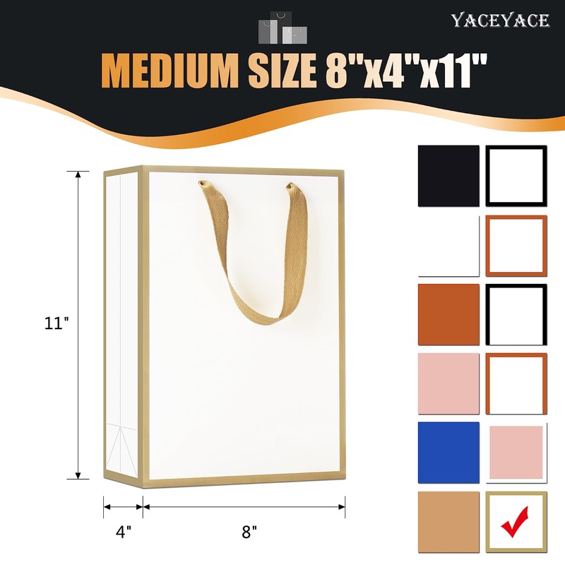 YACEYACE White Gift Bags - Medium Size, 20 Pcs, 8"x4"x10.5",