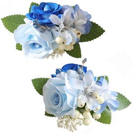 MAFELOE Corsage Boutonniere Set of 2 Pieces, Artificial Flowers Accessories for Grooms Bridal Wedding Prom Party Homecoming Business Suit Decorations- Dark Blue+Light Blue (M7-Y1-K-S)