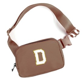 Didida Brown Mini Belt Bag with Letter Patch Boutique Crossbody Bag Fanny Pack for Men Women Cute Fashion Everywhere Bum Hip Waist Pack Travel Chest Bag with Adjustable Strap, Chenille Letter D