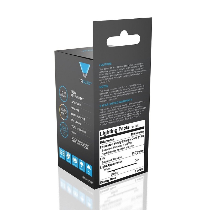 Triglow T95132-6 LED A19 Bulb 9-Watt (60W Equivalent) Soft White