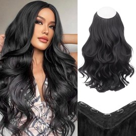 Clip in Hair Extension One Piece 160g, 24 Inch Natural Black Long Wavy Synthetic Hair with 5 Clips, Full Volume Soft Natural Look Clip in Hairpiece for Women.