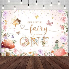 AIBIIN 7x5ft Fairy 1st Birthday Backdrop for Girl Our Little Fairy is Turning One Photography Background Purple Pink Floral Gold Glitter First Birthday Party Decoration Banner Photo Booth Studio