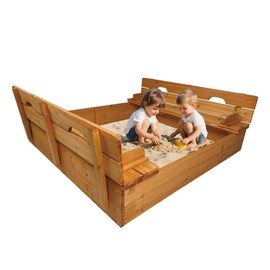 Beipoo Kids Wooden Sandbox with Cover, Large Wood Sandbox with 2 Foldable Bench Seats, Outdoor Kid Sand Pit for Backyard, Bottom Liner Included