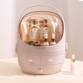 AMOPA Makeup Organizer and Storage, Cosmetics Organizer Box for Countertop with Lid & Drawers, Cosmetics Skincare Organizers Box with Waterproof & Dustproof Cover for Bedroom Vanity, Pink