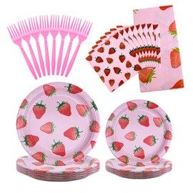 Strawberry Plates Set, 121pcs Strawberry Party Tableware Set, Delicate And Lovely, Suitable For Party, Baby Birthday Use, Strawberry Party Plates For 30 Guests (Pink Strawberry)