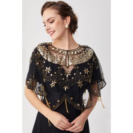 BABEYOND Sequin Beaded Evening Cape 1920s Fringed Shawl Wraps Wedding Bridal Shawl Scarf (Black Gold)