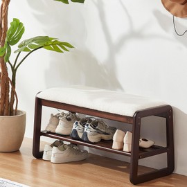 Achicsofar Shoe Rack Bench,2 Tier Wooden Entryway Bench with Shoe Storage, Shoe Rack with Cushion for Living Room, Hallway(Cream White, 31.5")