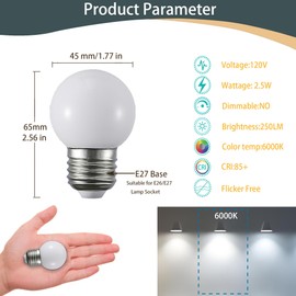 2.5W G14 LED Light Bulb,25W Equivalent E26/E27 Base 120V Vanity Light Bulbs Small Globe Night Light Bulbs for Ceiling Fan,Table Lamp, Bedside lamp,Chandelier, Appliances, Pack of 2 (6000K)