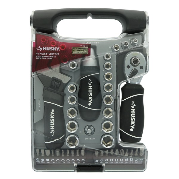 Husky Stubby 46 Piece Ratchet and Wrench Set w/ Drive Sockets, Screwdriving Bits, and Onboard Storage