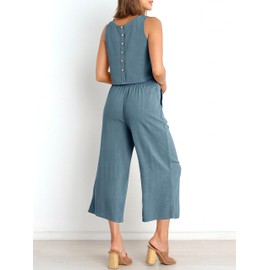 ANRABESS Women's Summer 2 Piece Outfits Sleeveless Crop Top Capri Wide Leg Pants Jumpsuit Casual Linen Lounge Matching Sets Beach Travel 2025 Trendy Clothes Gray Blue XX-Large