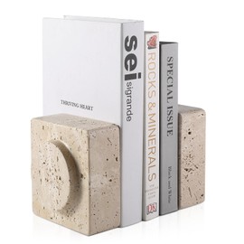 Koville Marble Square Book Ends, Heavy Duty Book Holders, Bookends for Shelves, Office Bookshelf Decor for CDs/Video Games(Travertino Romano)