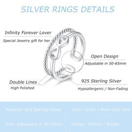Cangall Silver Women's Rings, 925 Sterling Silver Open Adjustable Double Rings, Simple Open Silver Rings, Heart/Infinity Finger Rings, Front Rings, Stackable Open Knuckle Rings for Women, 925 sterling