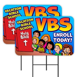 Vista Products VBS Vacation Bible School Enroll Today 2 Pack Double-Sided Yard Signs 16" x 24" with Metal Stakes (Made in the USA)
