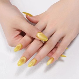 Yellow Press on Nails Glitter Fake Nails Medium Almond False Nails with Design Artificial Acrylic Nail Full Cover Glue on Nails Glossy Stick on Nails for Women Girls Manicure 24Pcs