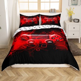 Kids Gamer Duvet Cover Set Single Gamer Bedroom For Boys Girls Teens Video Game Controller Bedding Set Gaming Console Comforter Cover Red Black Geometry With 1 Pillow Case Zipper