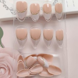 White French Tip Press on Nails Almond Short Fake Nails 3D Gold French Line Design Glue on Nails Glossy Pink False Nails Natural Fit Artificial Stick on Nails Reusable Acrylic Nails for Women 24Pcs