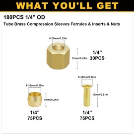 Siptenk 180PCS 1/4" Brass Compression Fittings Sleeves Ferrules Inserts Nuts Assortment Kit, Brass Ferrule Tubing Insert for Air Hose Lines