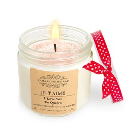 Je T'aime - I Love you - Te Quiero - Jasmine, Sage and Cherry Blossom Scented Candle - Love Candle- Large Soy Candle with Red Ribbon and Glitter - Boxed