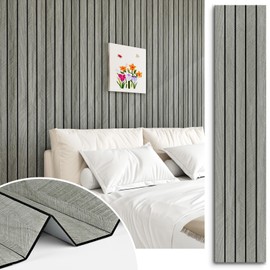 STICKEEP Grey Wood Wall Slat Panels Peel and Stick 3D Fluted Wood Panels for Interior Wall Decor 120" x 12" Self Adhesive Acoustic Wooden Paneling for Bedroom Living Room TV Backgroud Kitchen
