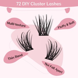 Lash Clusters, 72 Pcs Individual Cluster Lashes DIY Lash Extension 8-16mm Eyelash Clusters Volume Wispy Lashes Super Thin Band Reusable Soft & Comfortable(Witty,D-8-16mix)