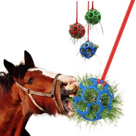 AK Horse Treat Ball Hay Feeder Holder Hanging Feeding Toy 200cm Rope Bag Stable Field Box Rest Toys for Goat Sheep Horse Paddock Rest Relieve Stress (Pack of 2, Red & Blue)