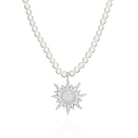 NKlaus Dirndl Costume Jewellery 42 cm Pearl Necklace Sun Pendant 925 Silver Zirconia White 11251, Pearl, Cubic Zirconia