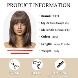 OUFEI Brown Bob Wig With Bangs Short Straight Wig For Women Synthetic Hair Wigs for Daily Party Cosplay Wear