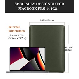 MoKo 14 Inch Laptop Sleeve Bag, PU Leather Briefcase Slim Stylish Case Compatible with MacBook Pro 14" M2 MAX 2023/2021, Midnight Green