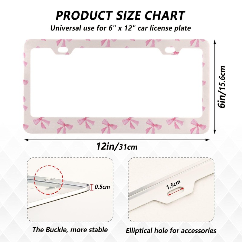 Coikll Pink Bow License Plate 2 Holes Frame Rustproof Aluminium
