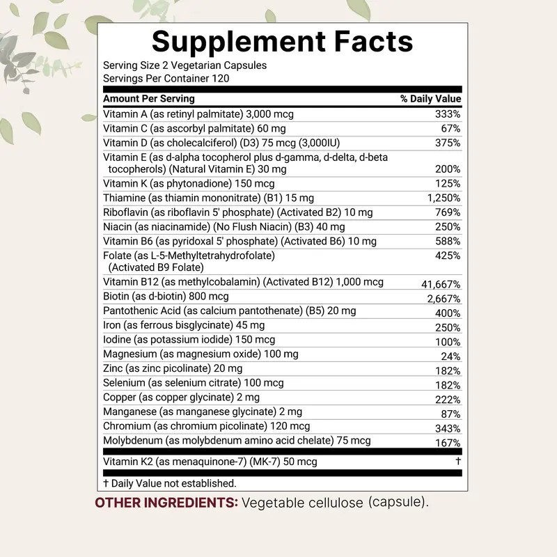 Bariatric Multivitamin with Iron 45mg 240 Veggie Capsules Complete Daily