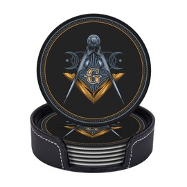 Masonic Freemason Gold Leather Drinks Coasters with Holder, Suitable for Kinds of Cups, Set of 6