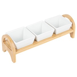 Restaurantware Triple Mini Porcelain Bowl Serving Set - 21 Ounce - Elegant Square White Porcelain Bowls with Bamboo Tray: Perfect for Tastings Catered Events and Buffets - 1ct Box