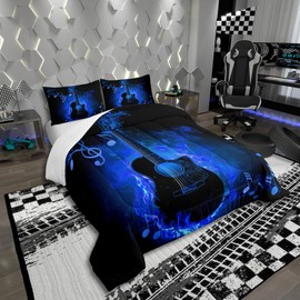 Manfei Electric Guitar Comforter Set,Rock Music Theme Guitar Musical Notes Bedding Set for Teens Adults Room,Neon Blue Glowing Modern Artistic Quilt Set,Blue Black 3 Pcs with 2 Pillowcases,Queen