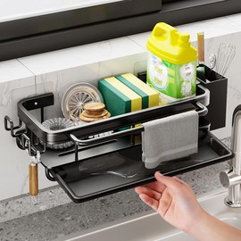 Koolkasa Kitchen Sink Organiser, Sponge Holder with Drain Pan, Kitchen Sink Organiser with Dish Cloth Holder and Two Hooks, Metal Hanging Kitchen Organiser, Bathroom - No Drilling (Black)