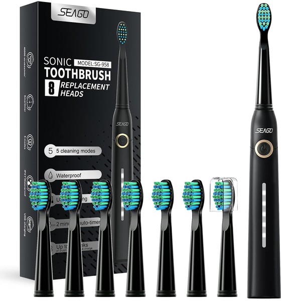 SEAGO Electric Toothbrush for Adults, with 8 Brush Heads and 5 Modes, Rechargeable Sonic Toothbrush One Charge for 30 Days, Travel Electric Toothbrushes with 2 Mins Timer(Black)