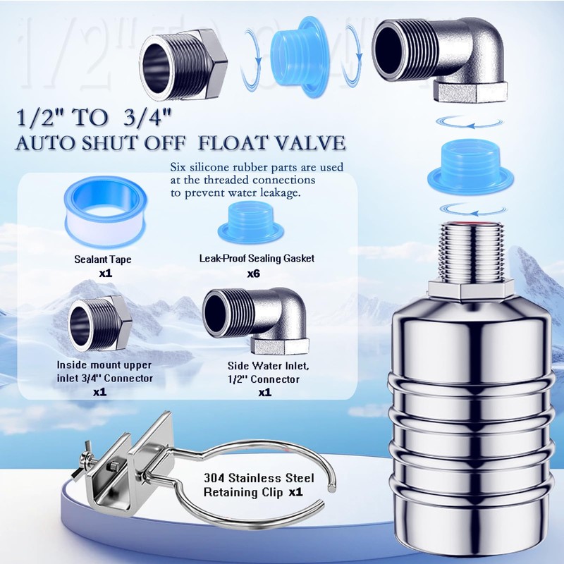 2PCS Float Valve,1/2" to 3/4'' water level control float valve,