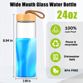 Tronco 24oz Borosilicate Glass Water Bottle with Bamboo Lid, Non-Slip Silicone Sleeve, Leak-Proof and Reusable Glass Bottle Perfect for gifts,Travel, Gym, and Everyday Use, BPA-Free, Dishwasher Safe