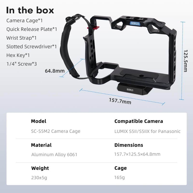 SIRUI Camera Cage for Panasonic Lumix S5II/S5IIX, Arca-Swiss Compatible, Camera