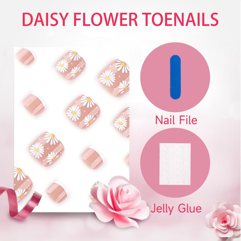 GlamRays Press-on Toenails Nude White False Toenails with Daisy Designs
