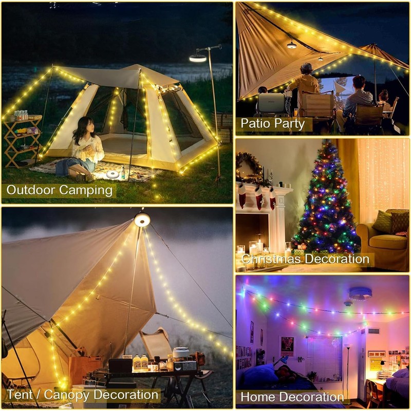 Camping String Lights, Rechargeable Tent Lights String with 8 Lighting