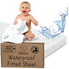 Bisoo Cot Sheets 24x49 in / 60x125 cm Fitted Waterproof 2in1 - Fitted Sheet + Cot Bed Mattress Protector - Baby Cots Beds & Cribs - Soft & Silent - 100% Jersey Cotton Oeko-Tex - White