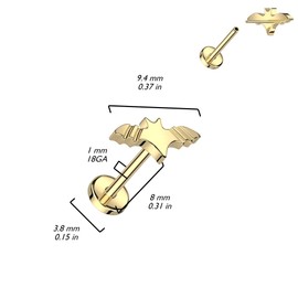 Pierced Owl 18GA F136 Implant Grade Titanium Bat Top Threadless Push-In Labret Stud (Black)