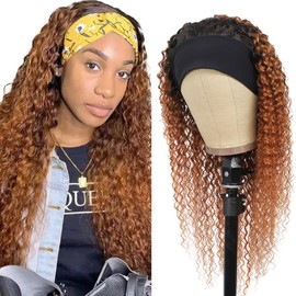 28 Inch Headband Wig Human Hair Kinky Curly Wig Women's Real Hair No Lace Real Hair Wig Wear and Go Glueless Wigs Human Hair Wig 150% Density Headband Wigs 1B/30 Brown Wig (70 cm)