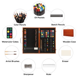 Belleur 79 Piece Deluxe Art Set in Wooden Case, Creativity Kid Painting Set Including Colorful Pencils, Crayons, Watercolor Cakes, Art Brushes and Some Other Art Supplies