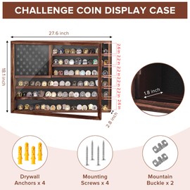 MOCAS Challenge Coin Display Case, Lockable Military Coin Holder Cabinet with Removable Star Board & HD Tempered Glass Door (27.6" L x 18.1" W), Solid Wood Wall Mount Coins Collection Rack Stand